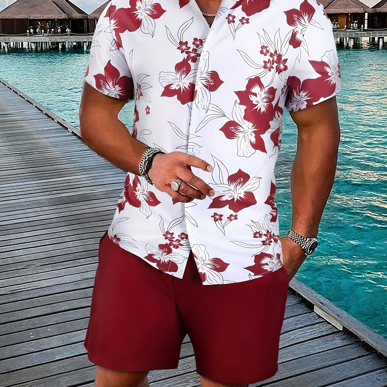

Men's Outfit, Casual Floral Print Lapel Short Sleeve Button Up Shirt & Shorts 2-piece Set For Summer Outdoor Activities