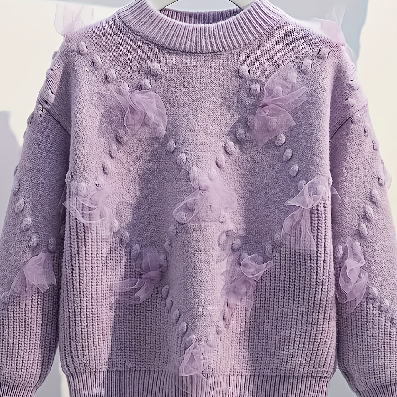 

Pull en maille pour enfants avec détail en tulle transparent, sweater en polyester mélange avec manches longues pour le printemps/automne - Haut uni élastique pour les enfants de plus de 3 ans