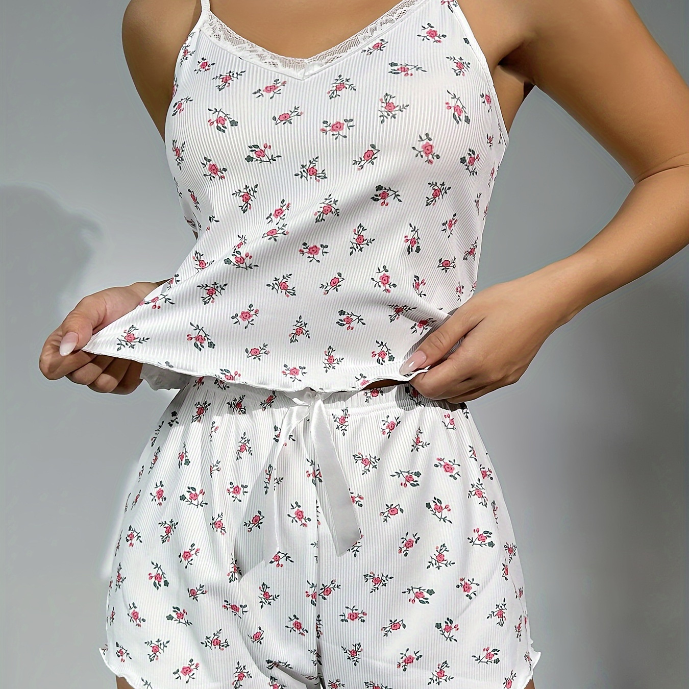 Ditsy Floral Print Lace Trim Cami Top & Shorts PJ Set