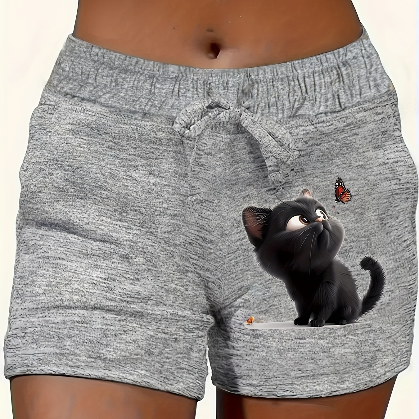 

Cat Print Drawstring Waist Shorts, Casual Shorts For Spring & Summer, Women's Clothing