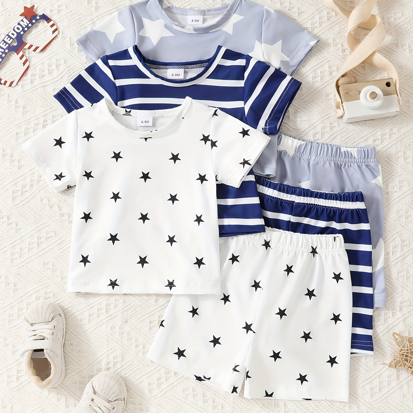 

3 Sets Baby Boys Casual Outfit, Stars & Striped Short Sleeve T-shirt & Elastic Waist Shorts Set, Toddlers Summer Clothing