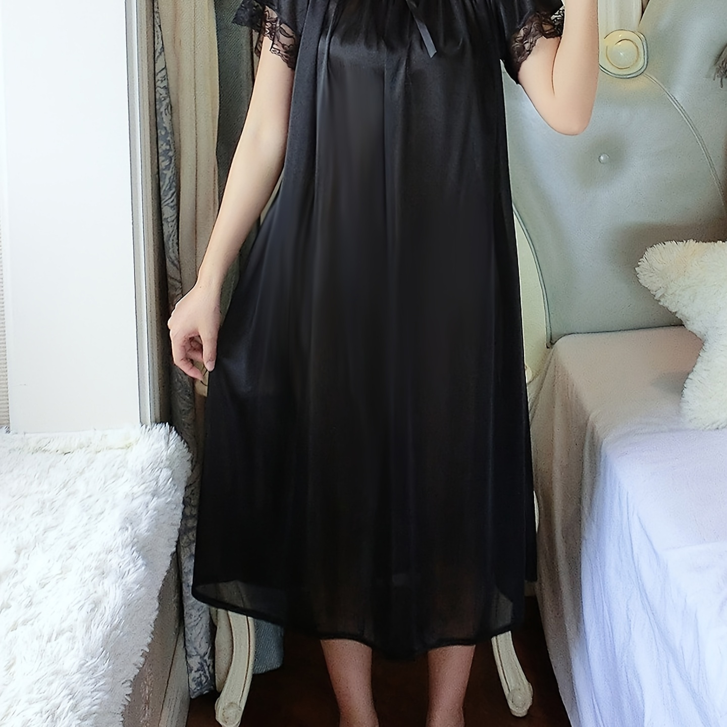 

Women's Elegant Solid Color Polyester Night Dress, Off The Shoulder Short Sleeve, 90g/m² Woven Fabric, Stretch, Spring/summer Sleepwear, Pullover Style With Bow Detail