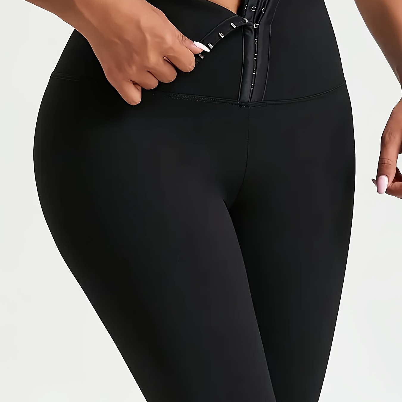 

High-waist Tummy Control Leggings For Women, Polyester & Elastane , Medium Stretch, Solid Color, Long Length, Sports Style With Button Front Detail, Knit Fabric