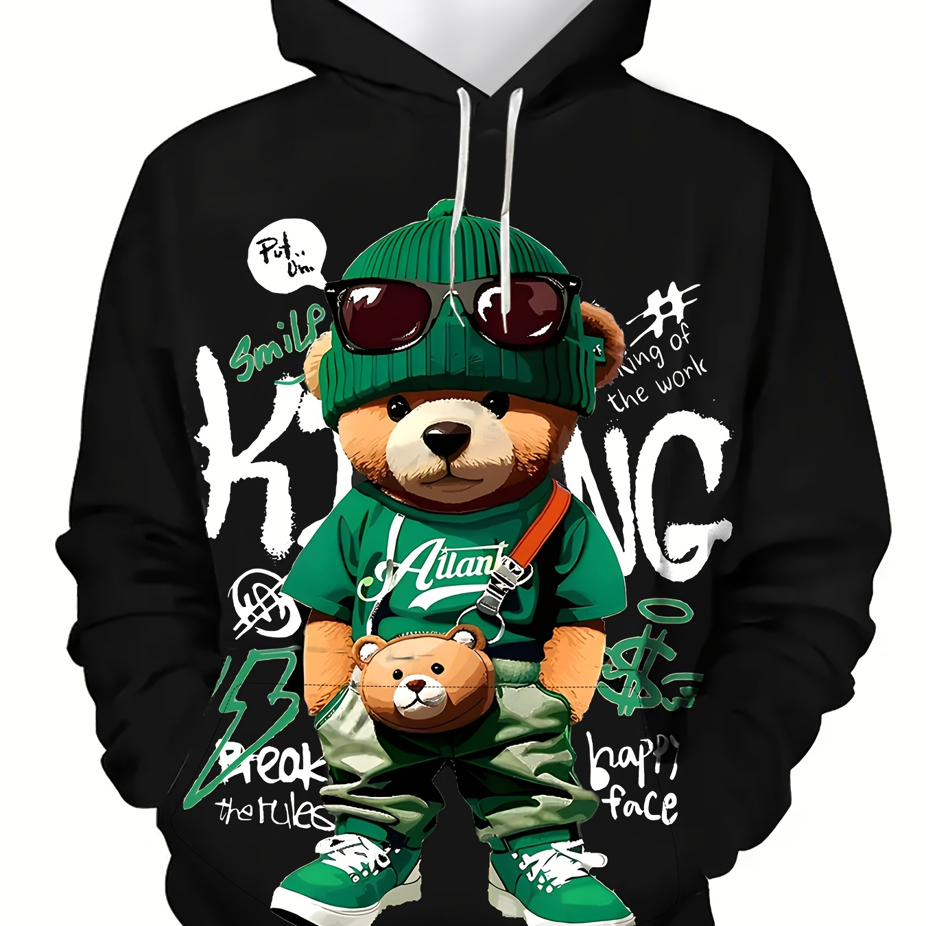

Men's 3d Cartoon Bear Hoodie, Polyester Hooded Sweatshirt, Regular Fit, Long Sleeve, Slight Stretch Knit Fabric, Geometric Pattern, With Kangaroo Pocket, For Casual Outdoor Pullover