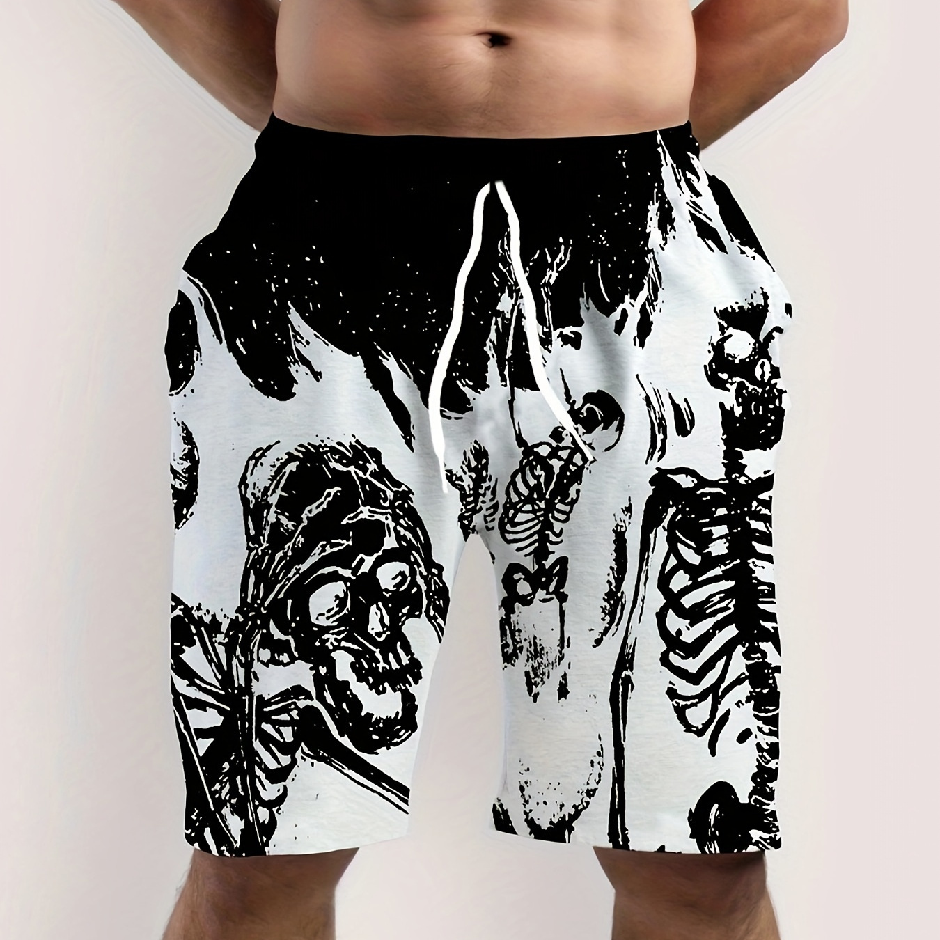 

Men's Casual Skeleton Print Active Shorts, Drawstring Beach Shorts For Summer Beach Resort