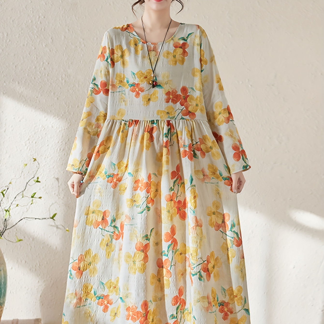 

Floral Print Crew Neck Dress, Vintage Short Sleeve A-line Draped Long Length Dress For Spring & Summer, Women's Clothing