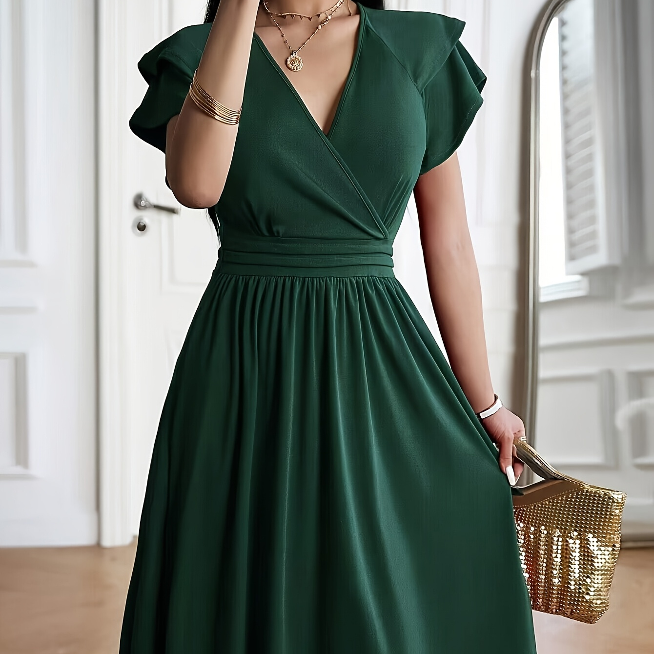 green emerald velvet dress Stunning Olive Green Beaded Peplum Gown with Pleated Skirt – Rofial Beauty main image 0