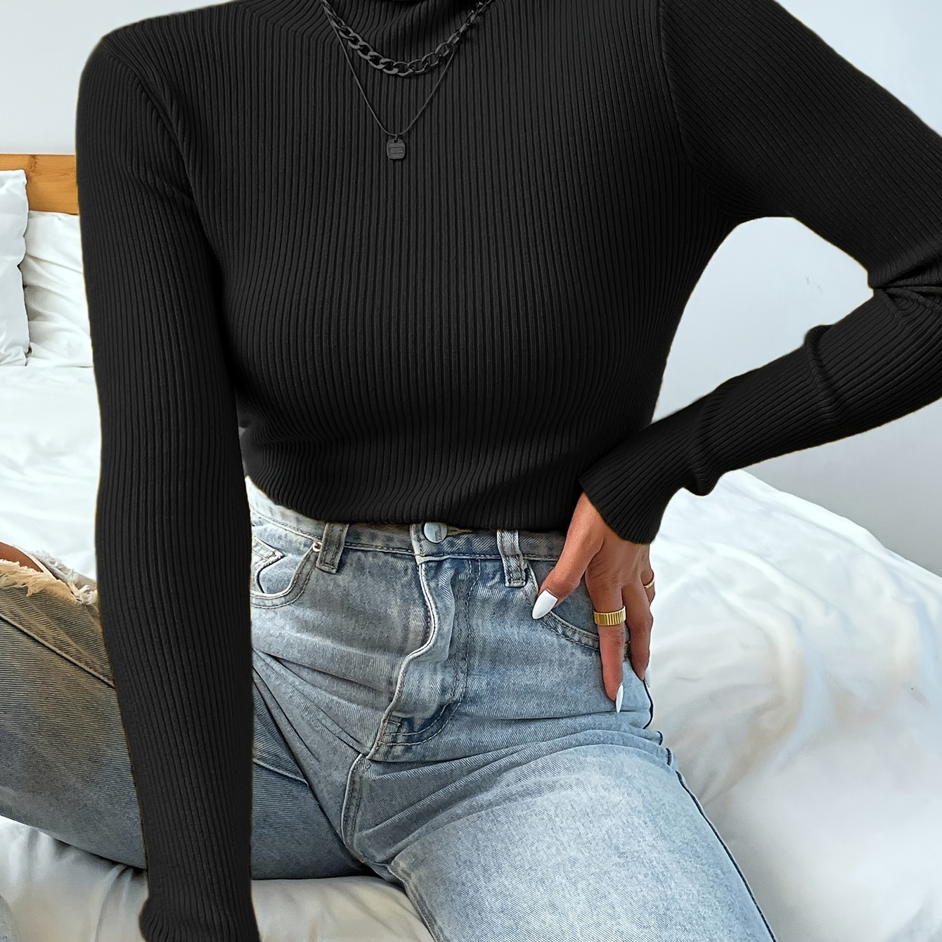 

Rib Knit Turtle Neck Sweater, Elegant Long Sleeve Sweater For Fall & Winter, Women's Clothing