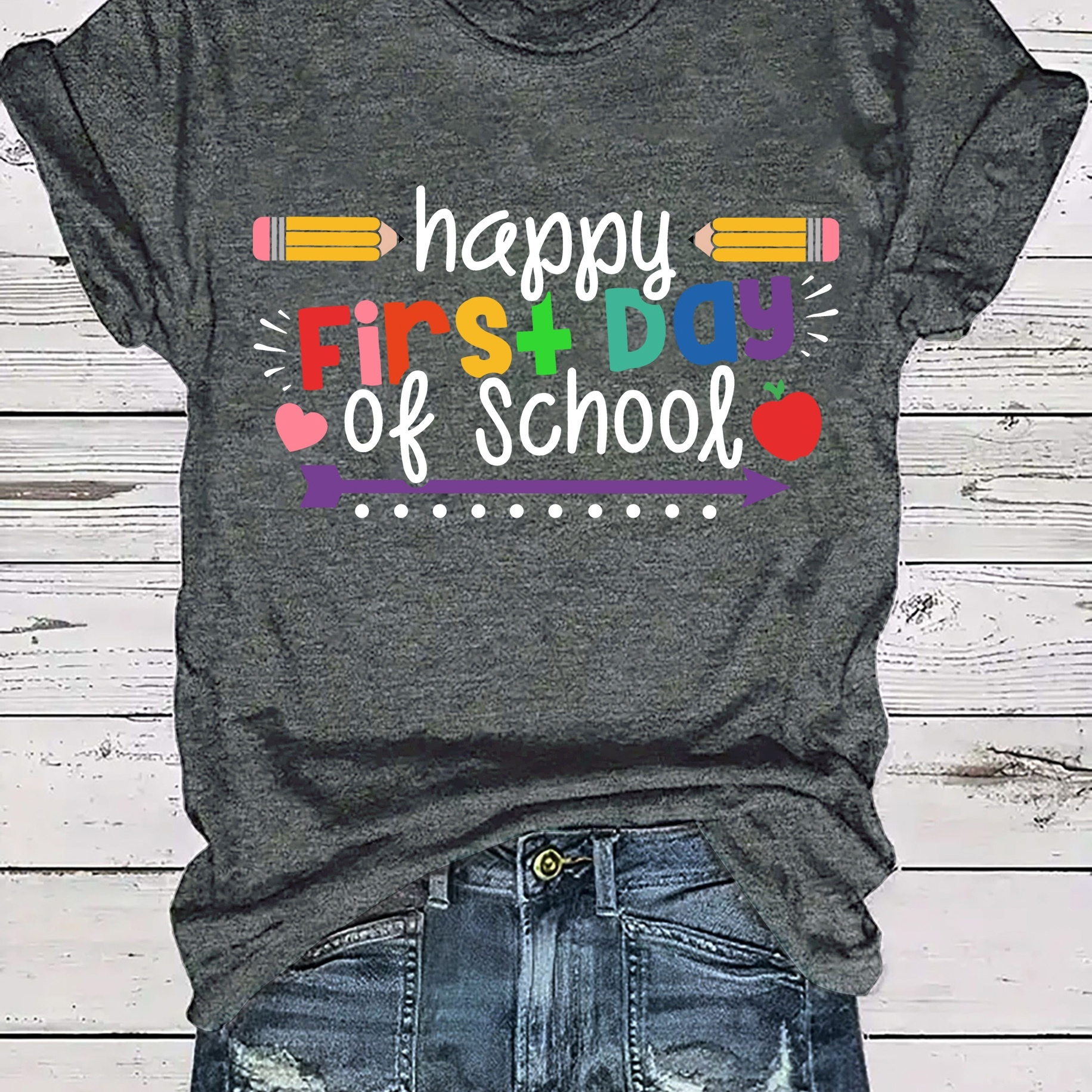 

Back To School Print Crew Neck T-shirt, Short Sleeve Casual Top For Summer & Spring, Women's Clothing