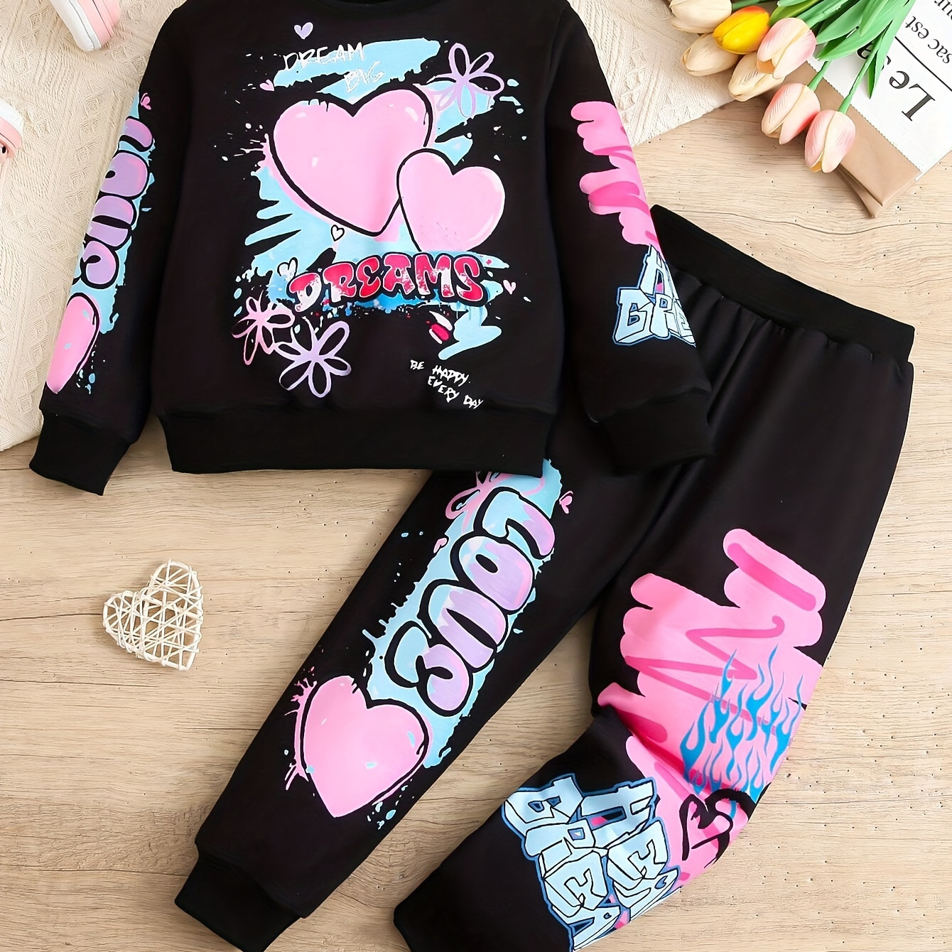 

2pcs Set For Little Girls, Graffiti Print Fashion Crew Neck Sports Sweatshirt Top & Casual Trousers Set, Elastic Waistband, Suitable For Spring And Autumn Outdoor