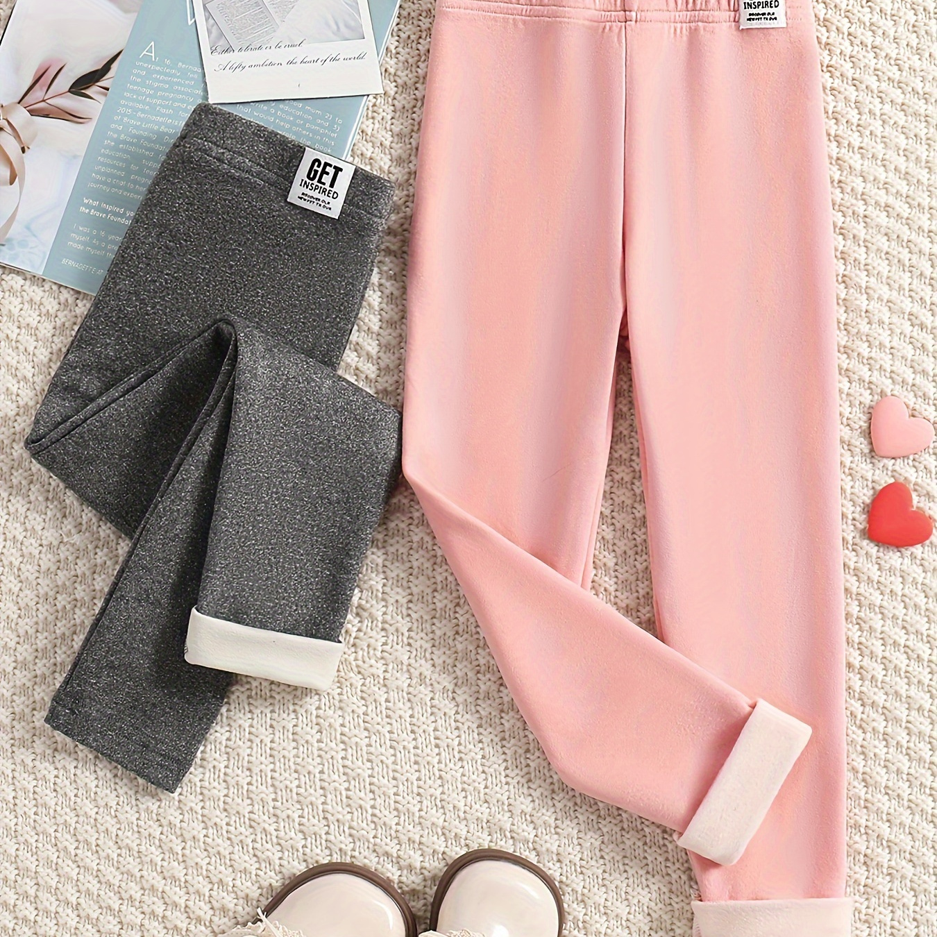 

Girls 2pcs/set Warm & Comfy Solid Colored Fleece Pants For Fall & Winter