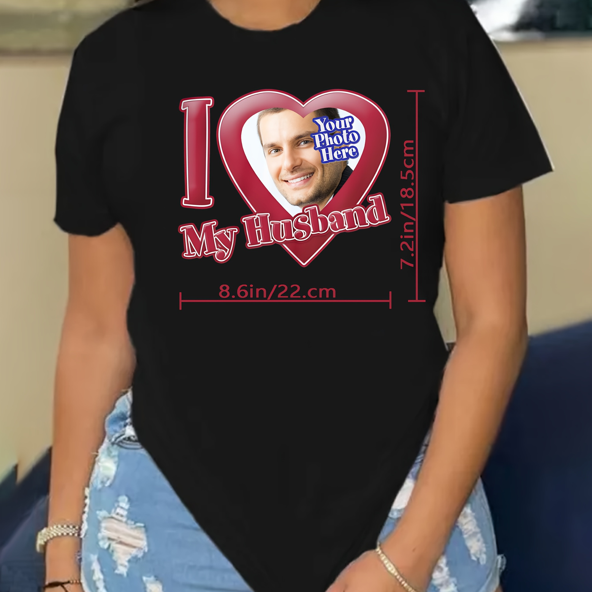 

Women's Customizable "i Love My Husband" T-shirt, Casual Crew Neck Short Sleeve Top, Geometric Pattern, Knit Polyester (95% Polyester, 5% Elastane), Regular Fit, 180gsm - Valentine's Day Gift