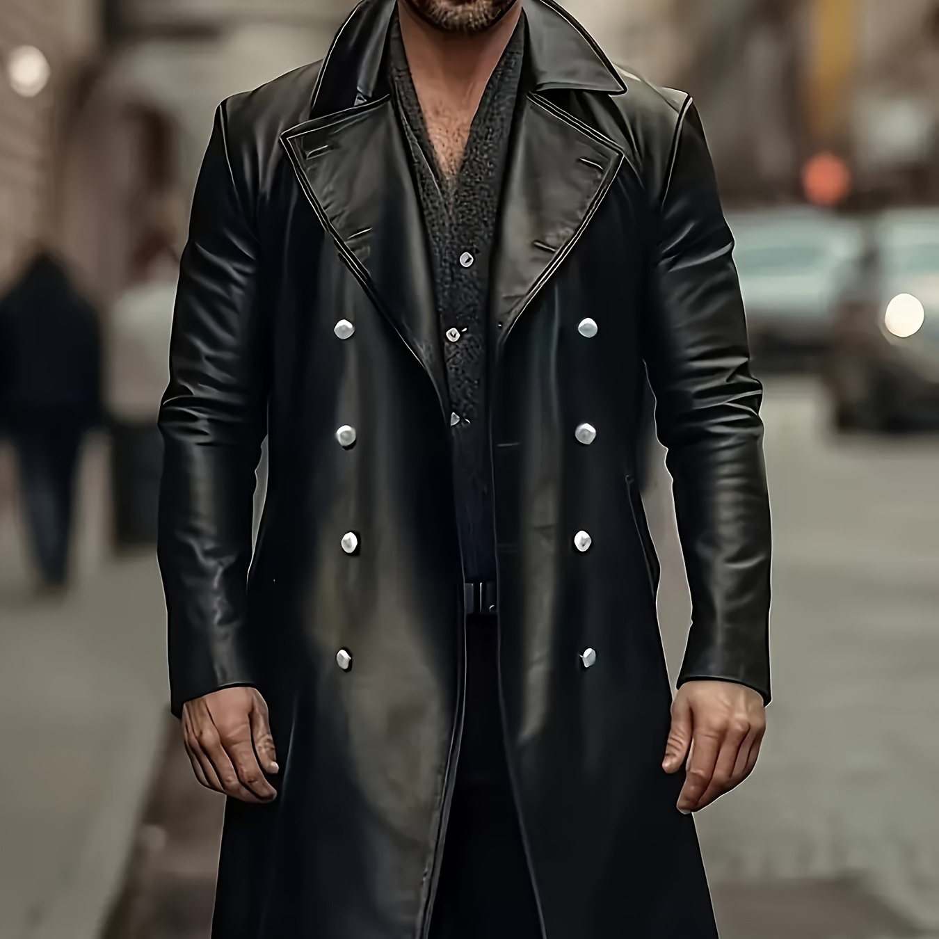 

Men's Plus Size Leather Trench Coat, Casual Lapel Collar, Non-stretch Solid Color, Regular Fit, With Polyester Lining, Double-breasted Closure, For Long Overcoat