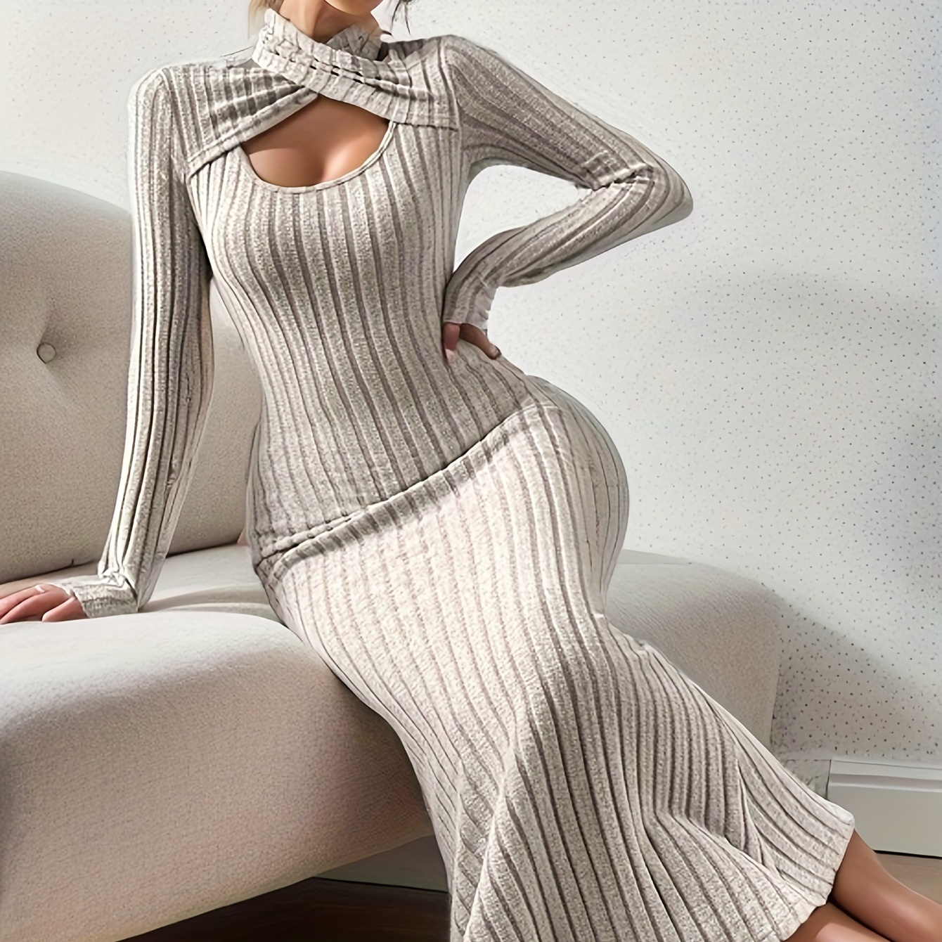 

Ribbed Halter Neck Dress, Solid Long Sleeve Bodaycon Dress, Women's Clothing