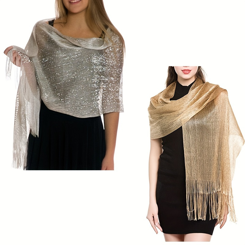 

Sparkling Metallic Tassel Scarf Simple Party Dress Shawl Golden And Silvery Scarves For Women