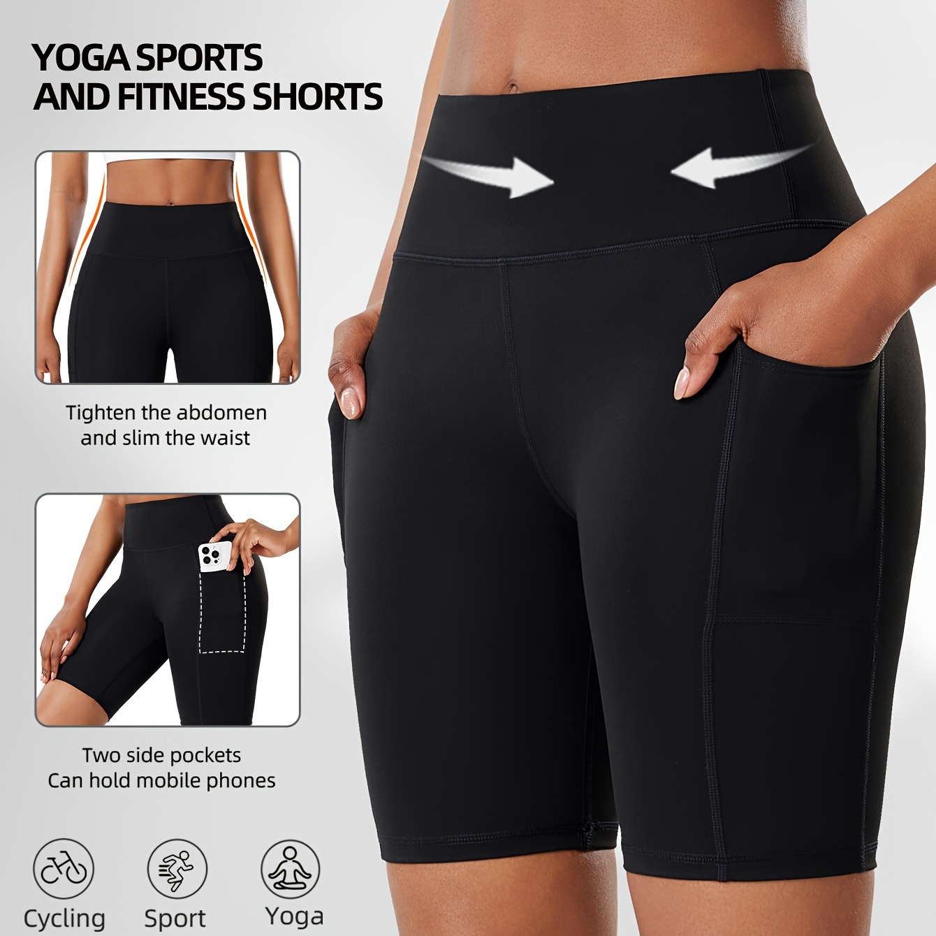 

Women's High-waist Tummy Control Yoga Shorts With Dual Side Pockets, Quick-dry Stretch Fabric For Fitness, Running, Cycling, And Sports Training