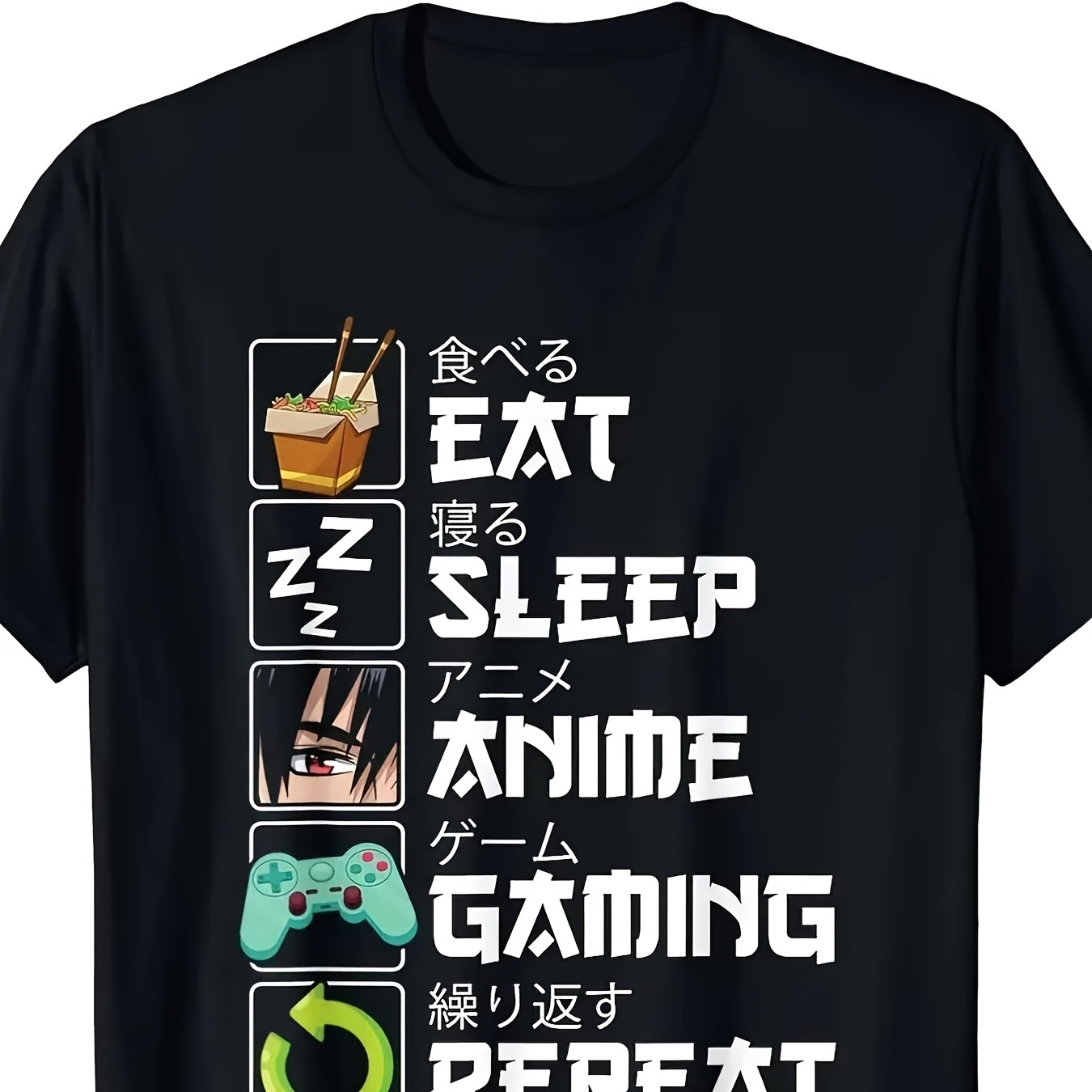 

Men's "eat, Sleep, Anime, " Graphic Tee - 100% Cotton, Short Sleeve, Crew Neck In Black With Icons - Casual Summer Wear