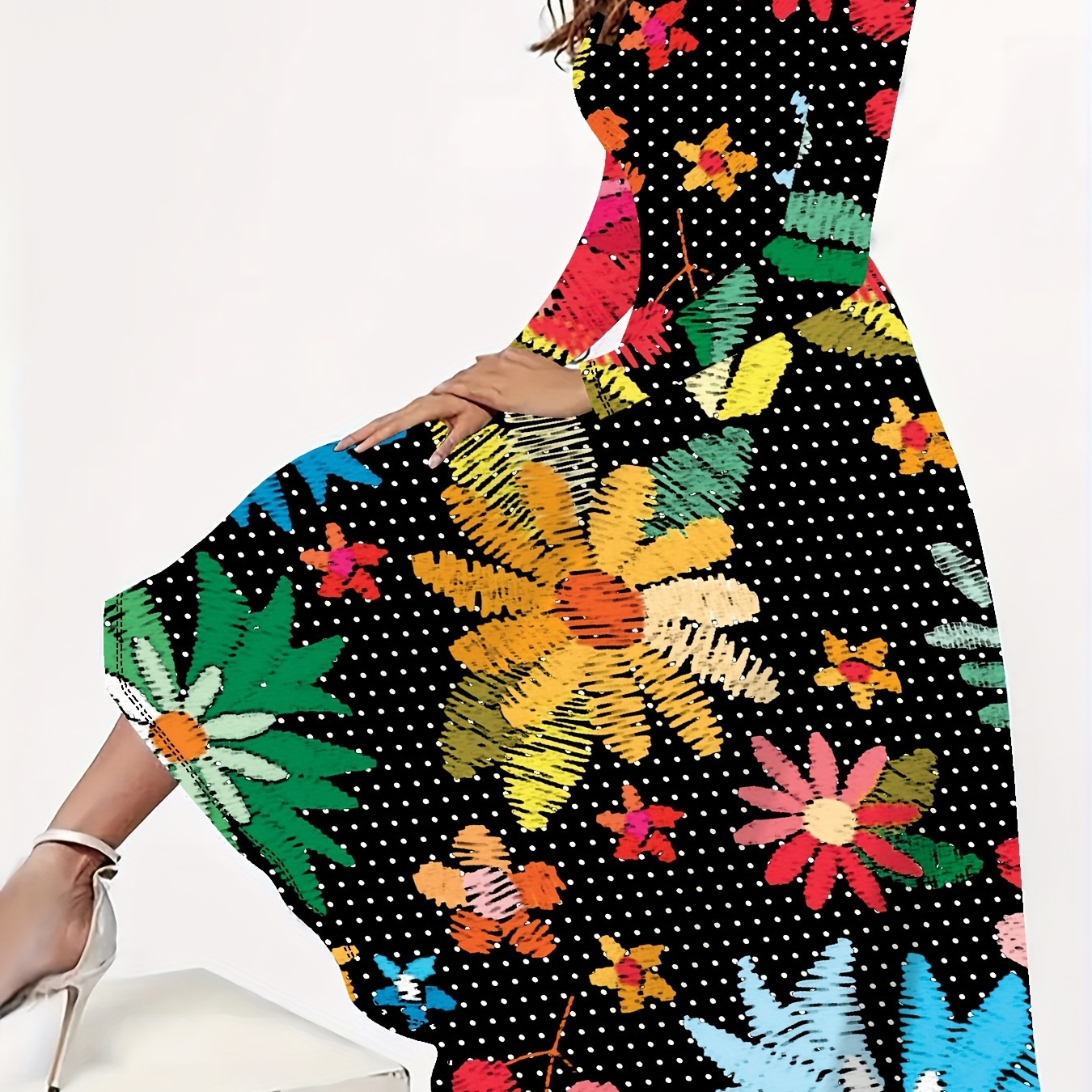 

Plus Size Floral Pattern Maxi Dress, Casual Long Sleeve Crew Neck Dress For Spring & Fall, Women's Plus Size Clothing