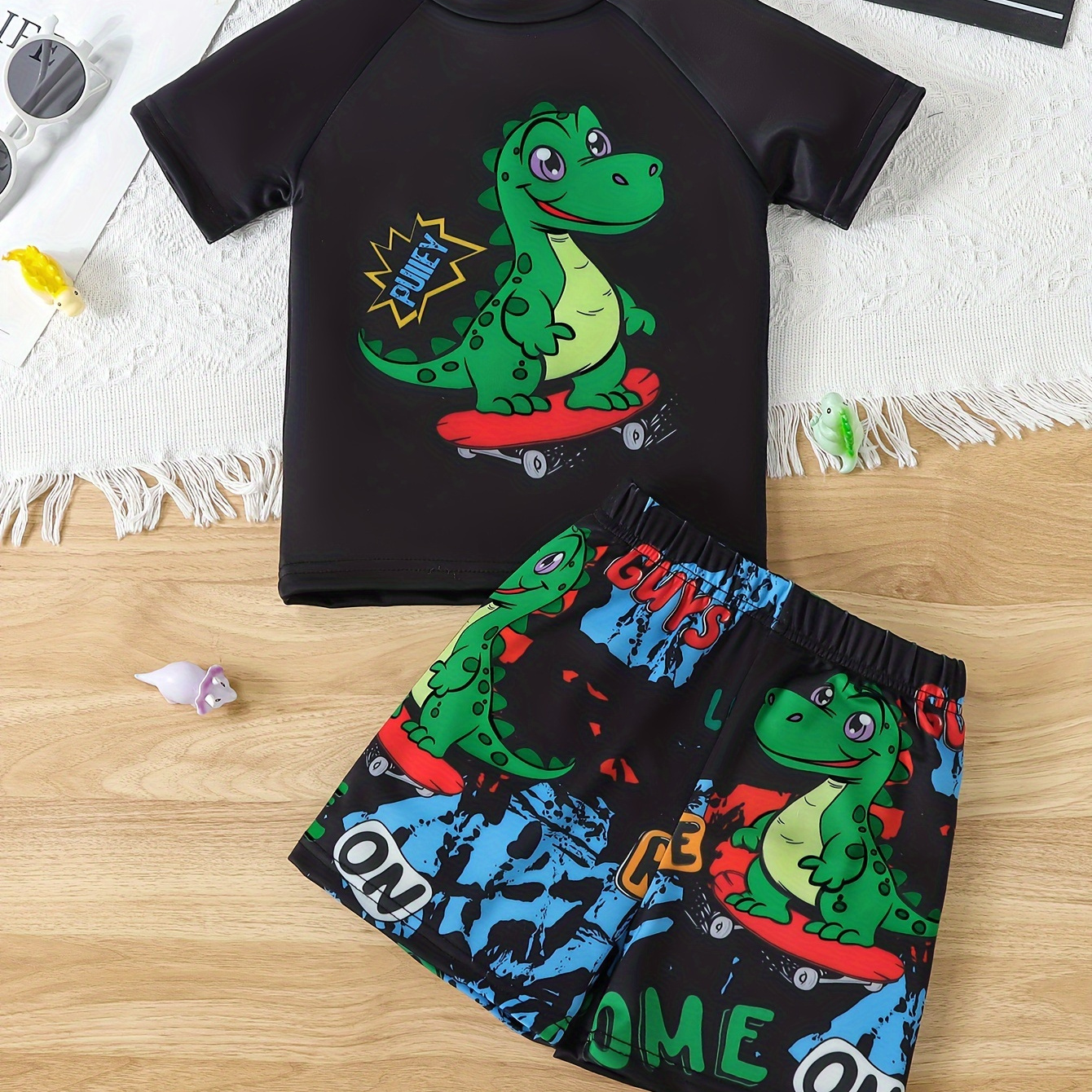 

2pcs Cute Dinosaur Pattern Swimsuit For Boys, T-shirt & Swim Trunks Set, Stretchy Surfing Suit, Boys Swimwear For Summer Beach Vacation