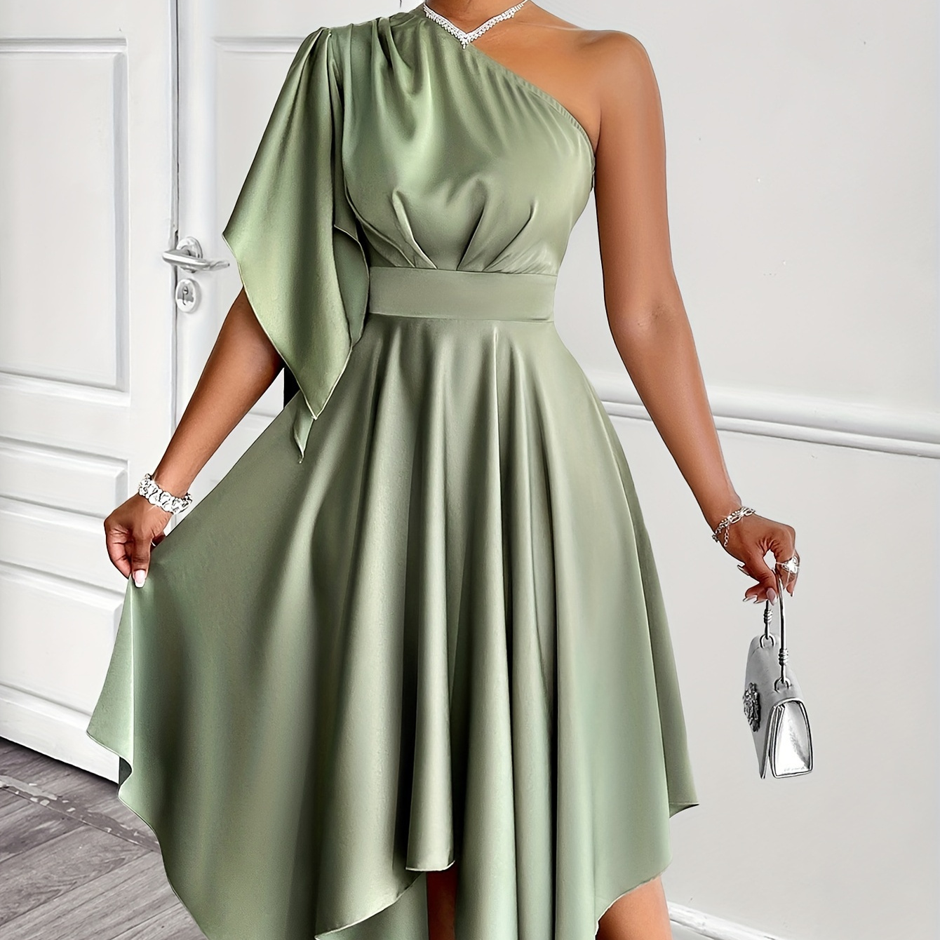 

Elegant Asymmetrical One-shoulder Peplum Dress For Women, Polyester Satin Solid Color High-low Midi Dress With Ruffle Sleeve Detail - Woven Attire For Adults