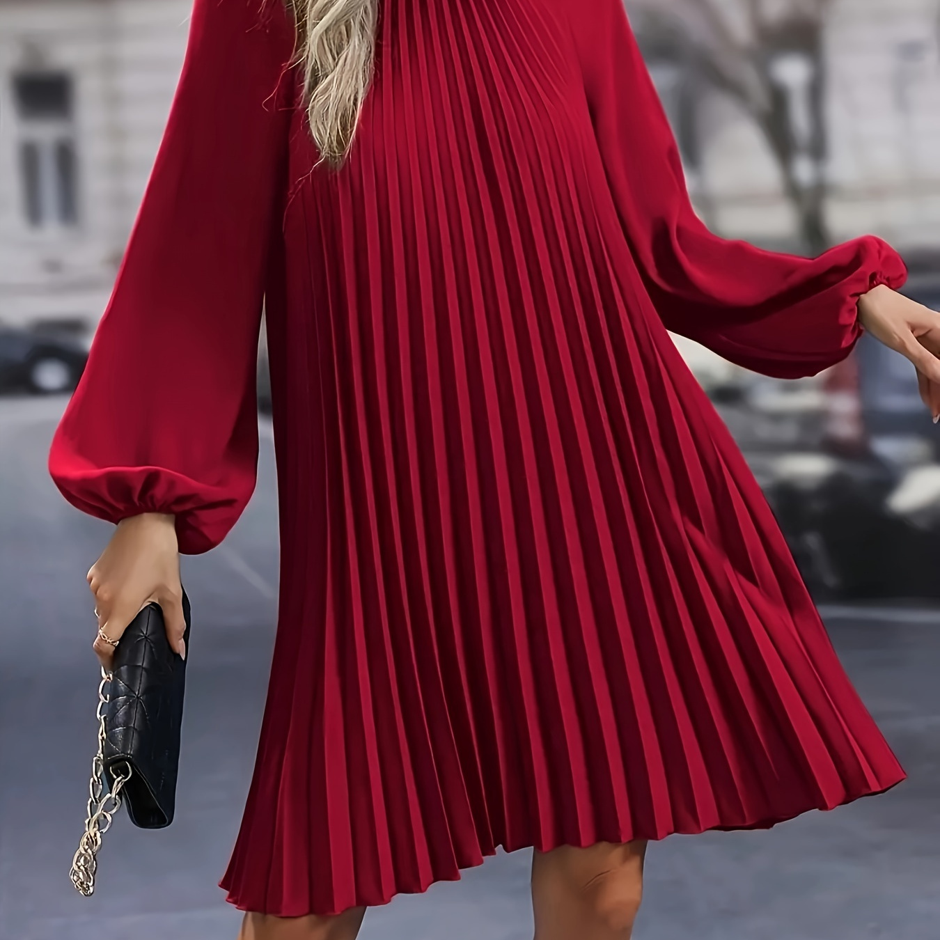 

Elegant Pleated Long Sleeve Midi Dress For Women - Crew Neck, Lantern Sleeves, Non-sheer Polyester - All