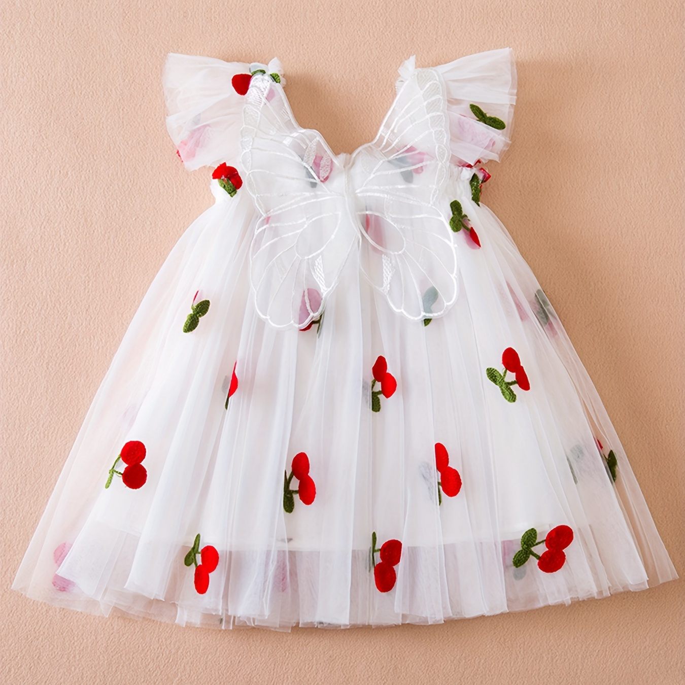 

Baby's Butterfly Applique Tulle Dress, Cherry Embroidered Sleeveless Princess Dress, Infant & Toddler Girl's Clothing For Summer/spring, As Gift