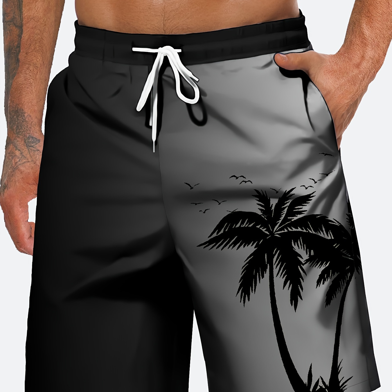 

Coconut Tree Print Men's Chic Gradient Drawstring Shorts With Pockets For Summer Beach Vacation, Single Layer Shorts Without Mesh Lining