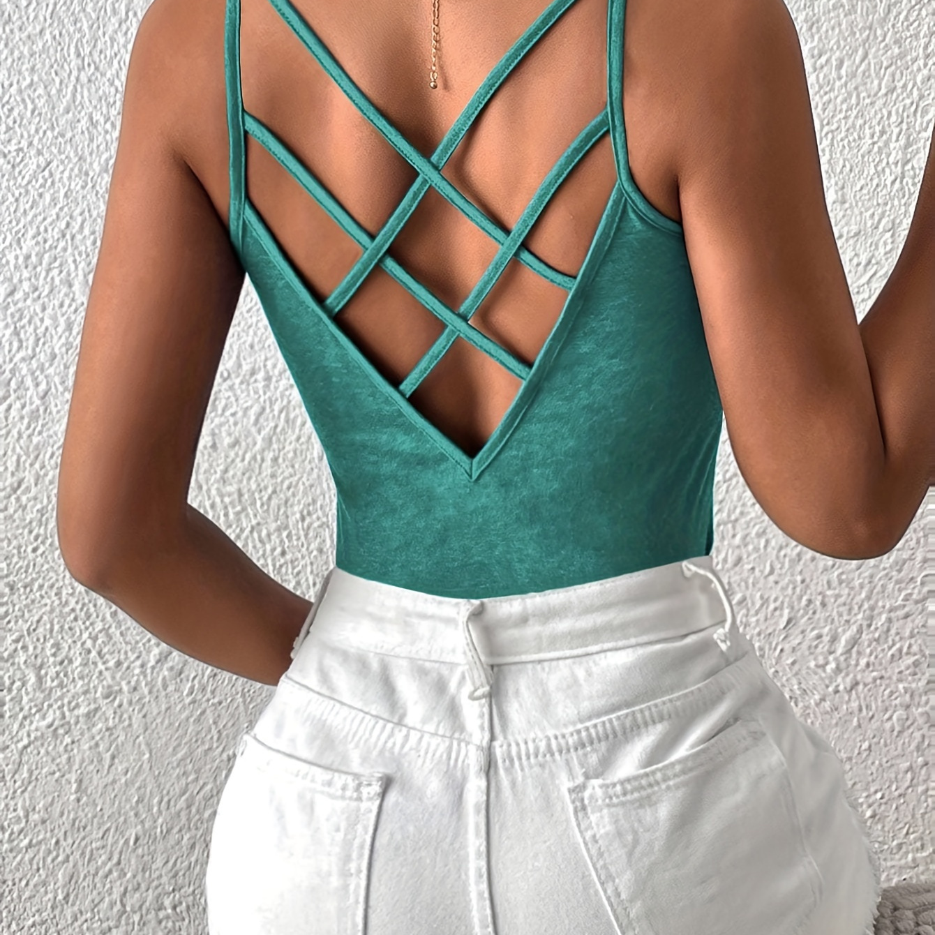 

Criss Cross Back Spaghetti Strap Top, Versatile Solid Sleeveless Slim Cami Top For Summer, Women's Clothing