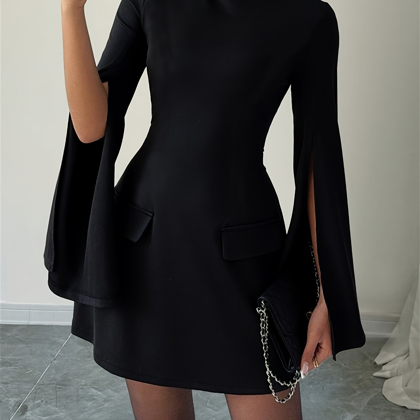 

Elegant Black Short Skirt For Women, Polyester With Elastane, Round Neck, Non-transparent, Solid Color, Machine Washable - Spring/summer Collection