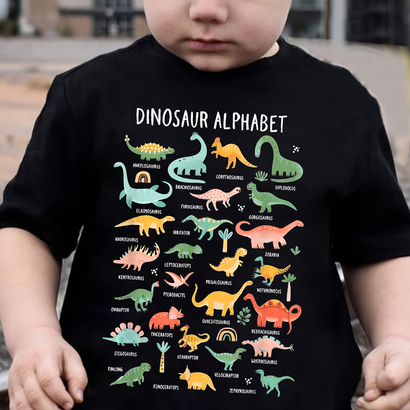 

Dinosaur Alphabet Print Boys Creative T-shirt, Casual Lightweight And Comfortable Short Sleeve Top, Summer Kids Outgoing Clothes