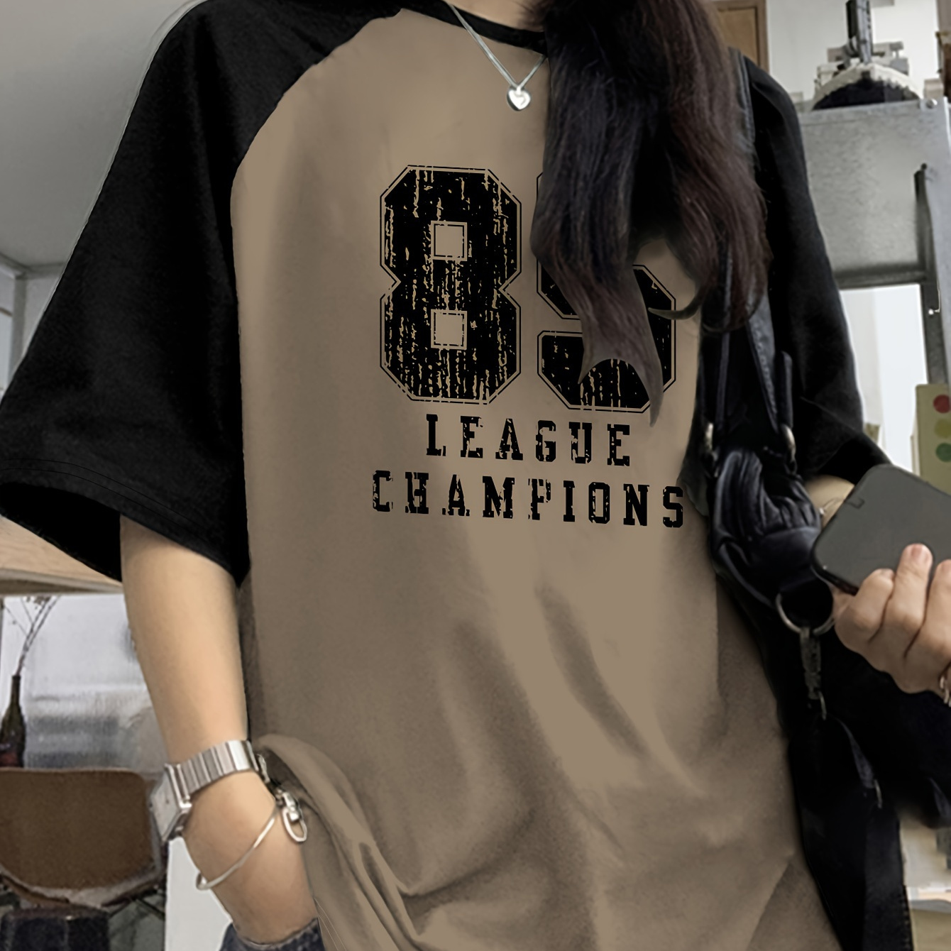 

Women's Casual Crew Neck T-shirt With Letter Print, Short Sleeve Knit Top, Polyester 95% Elastane 5%, Regular Length, All , 180gsm - Fashion