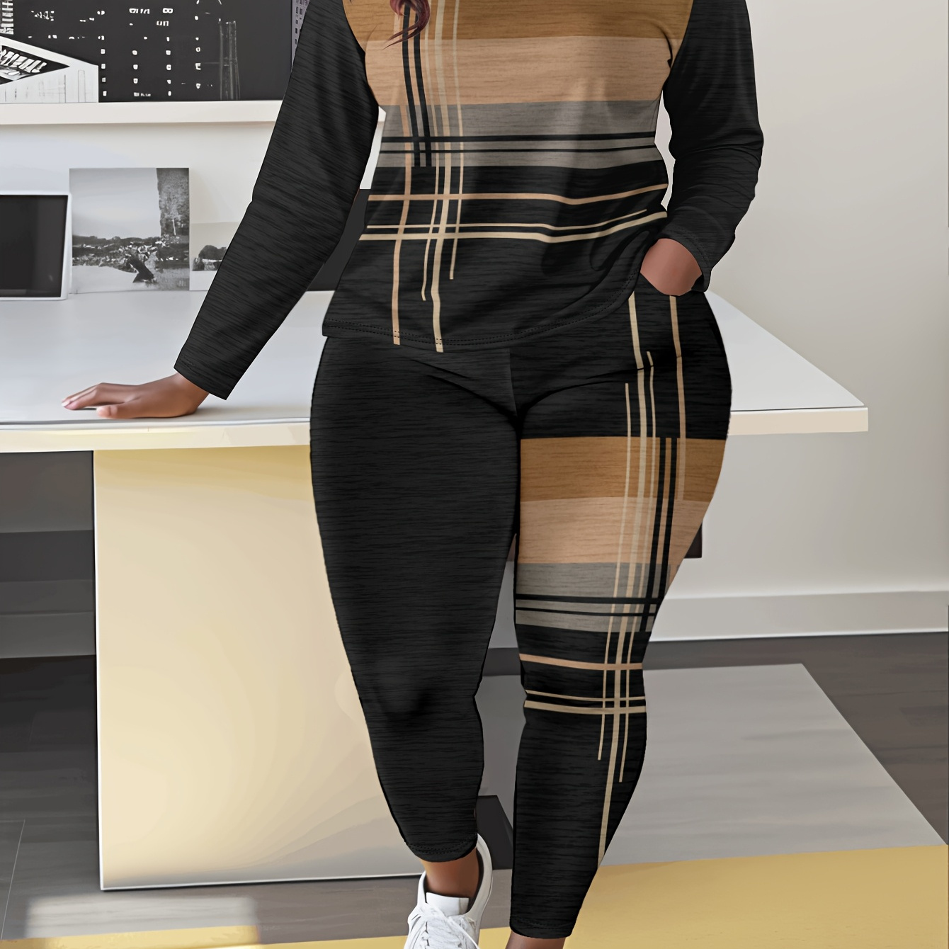 

Women's Casual Striped Print Long Sleeve Crew Neck Jumpsuit With Pockets, 100% Polyester Knit Fabric, Stretch Pullovers, Fashion Lash Sets For Wear