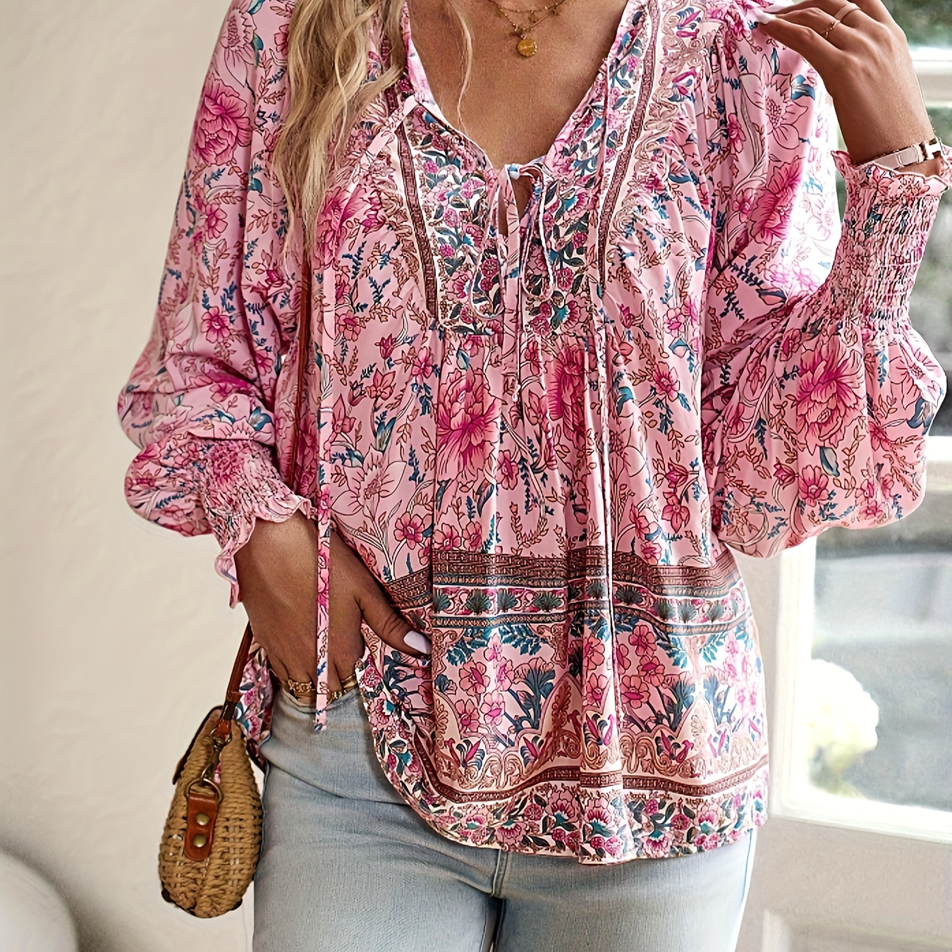 

Floral Print Lace Up V Neck Blouse, Elegant Long Sleeve Blouse For Spring & Fall, Women's Clothing