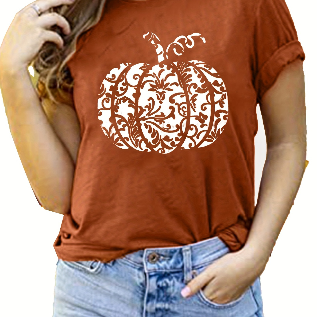 

Pumpkin Print T-shirt, Casual Crew Neck Short Sleeve Summer T-shirt, Women's Clothing