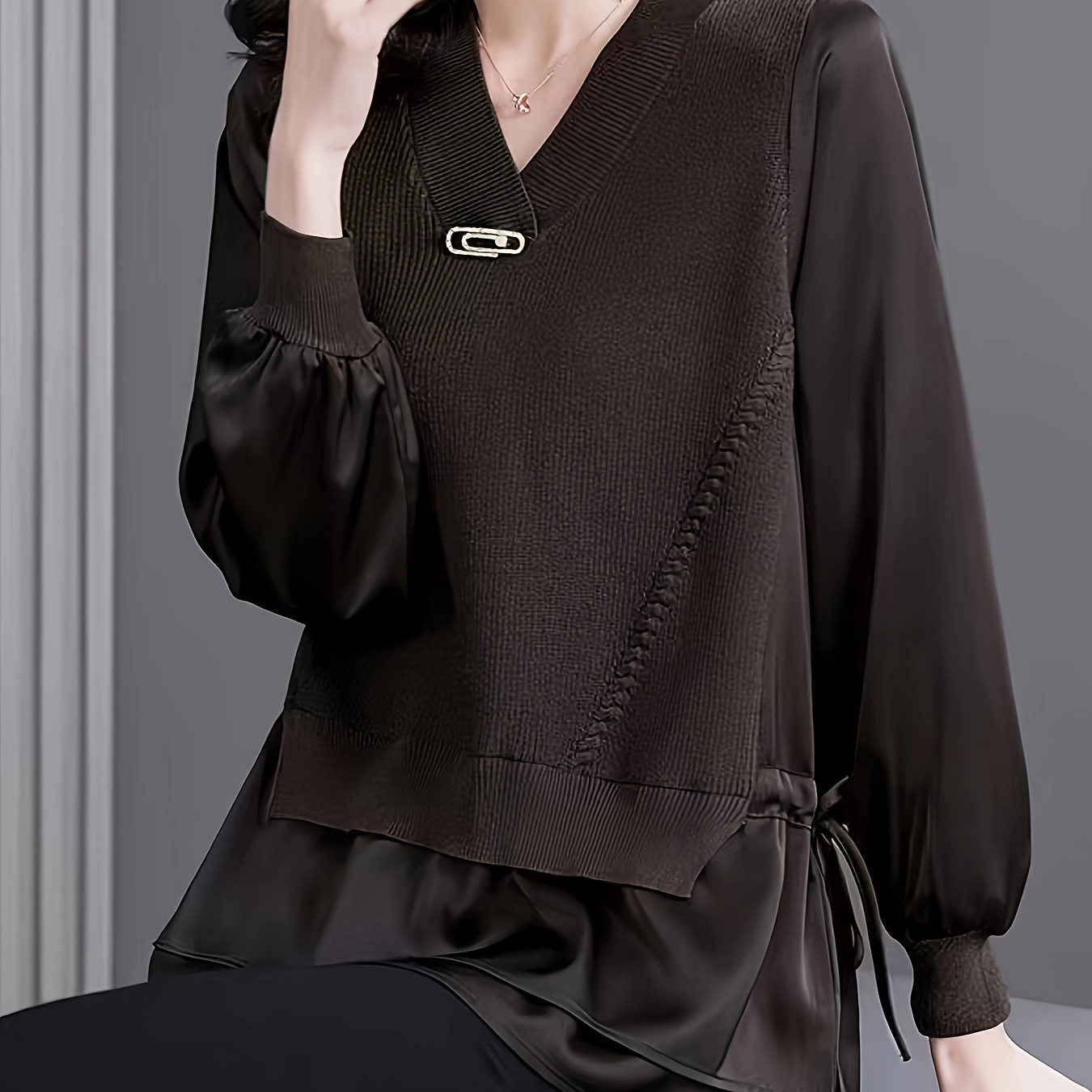 

Elegant V-neck Knit Top For Women, 2024 Fashion Loose Fit Long Sleeve Pullover With Hem And Belt Detail, 60% Polyester 40% Acrylic , Slight Stretch, Flared Hem, Solid Color, For Spring/fall