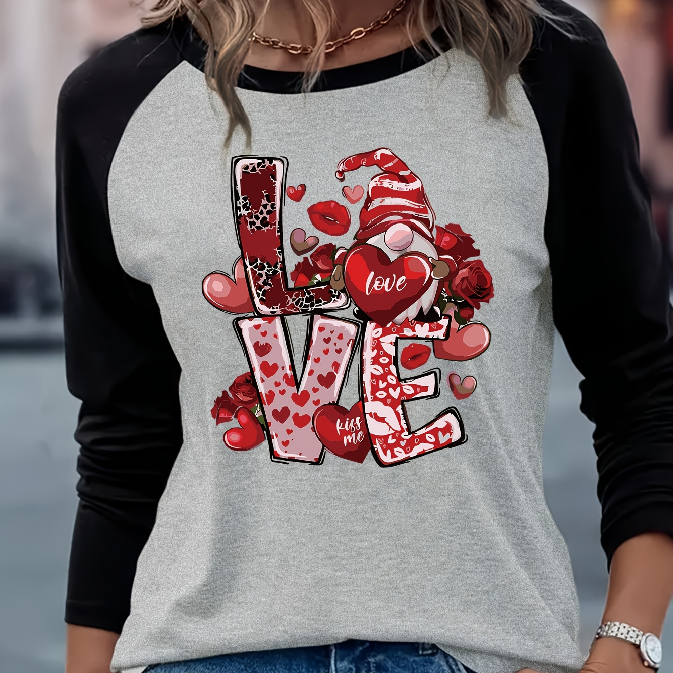 

Valentine's Day Love-themed Long Sleeve T-shirt For Women - Casual Crew Neck, Soft Polyester , Machine Washable