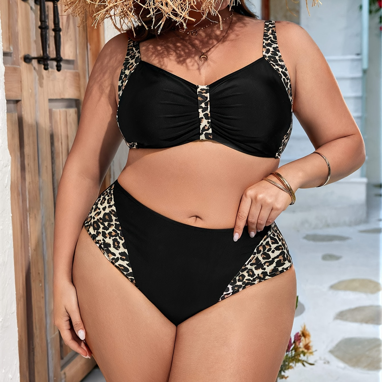 

Women's Sexy Bikini Set, Plus Size Contrast Leopard Print Bra & High Cut Panty Swimsuit 2 Piece Set