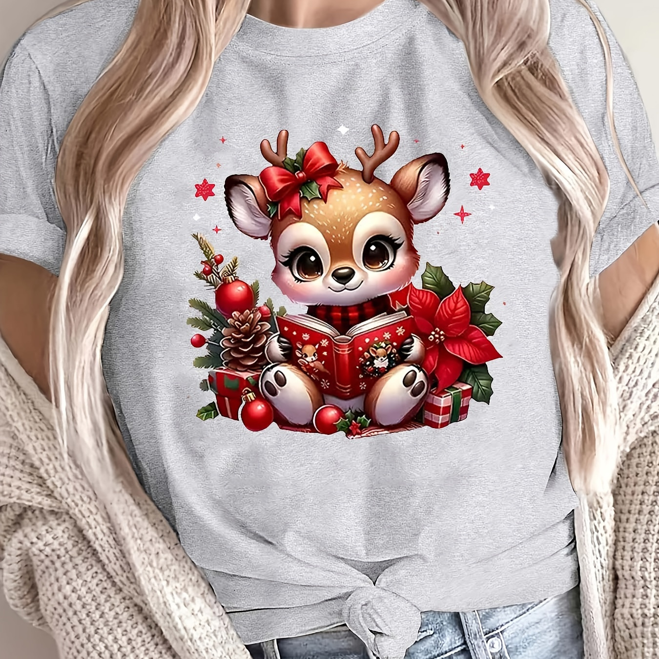 

Plus Size Christmas Print T-shirt, Casual Short Sleeve Crew Neck Top For , Women's Plus Size Clothing