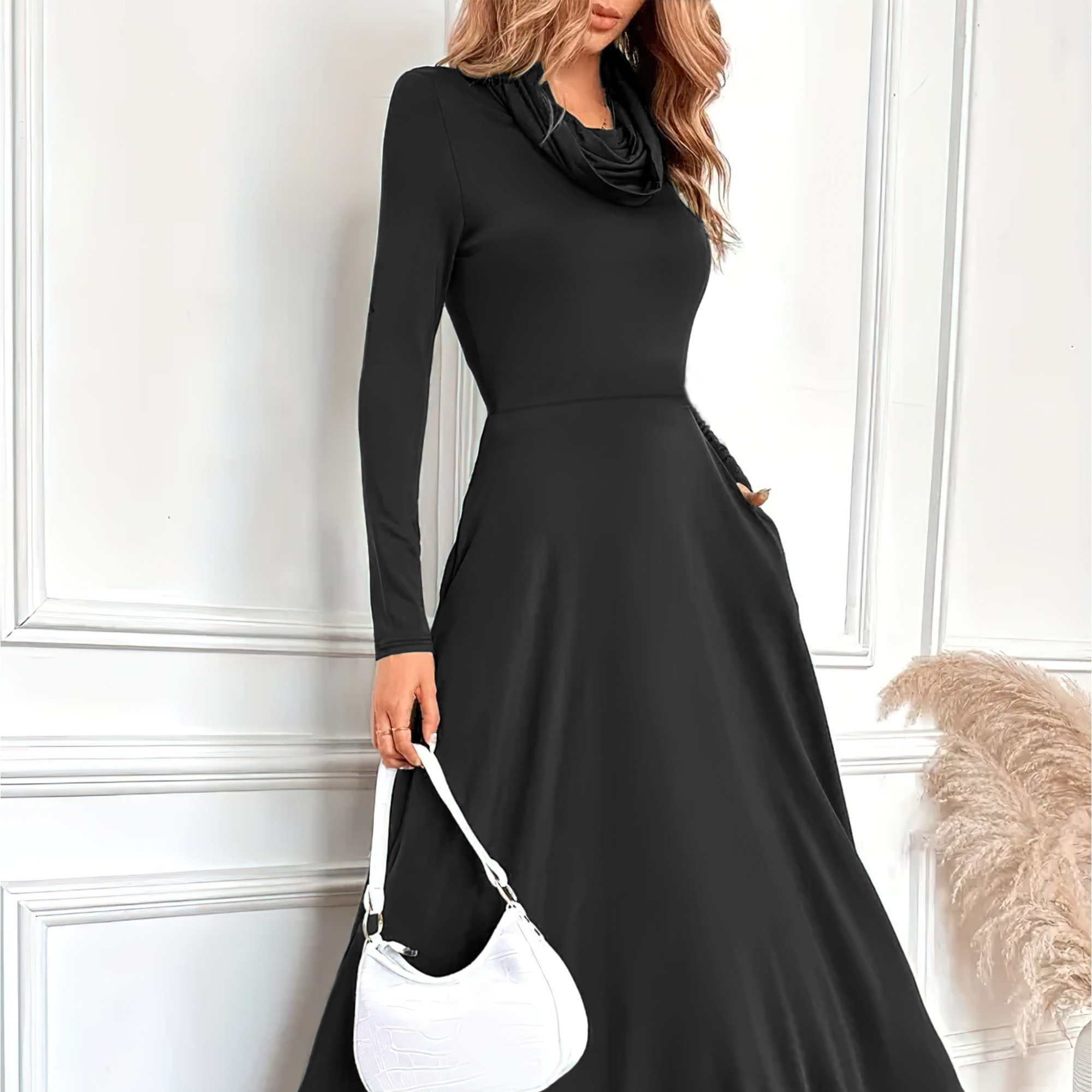 

Development - New Fashionable And Elegant Long-sleeved Long Dress With Hanging Collar And Pocket In Solid Color