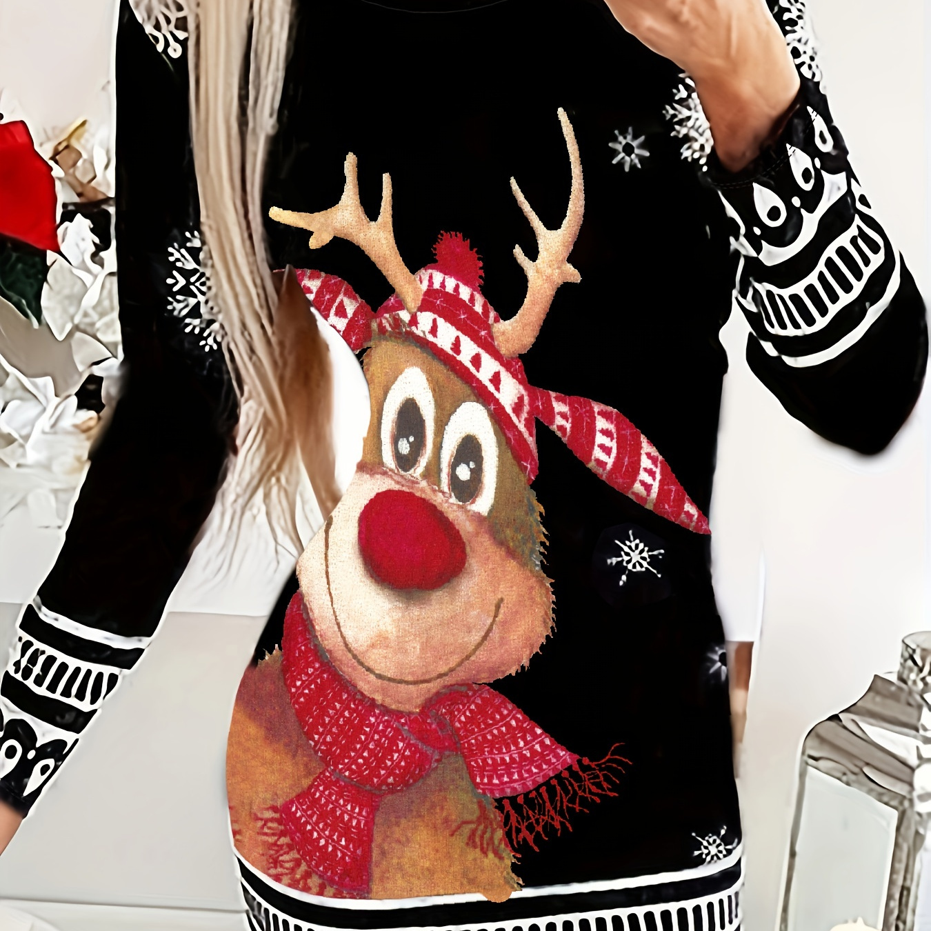 

Christmas Theme Fashion Round Neck Dress, Long Sleeve Casual Bag Hip Midi Dress, Women's Clothing