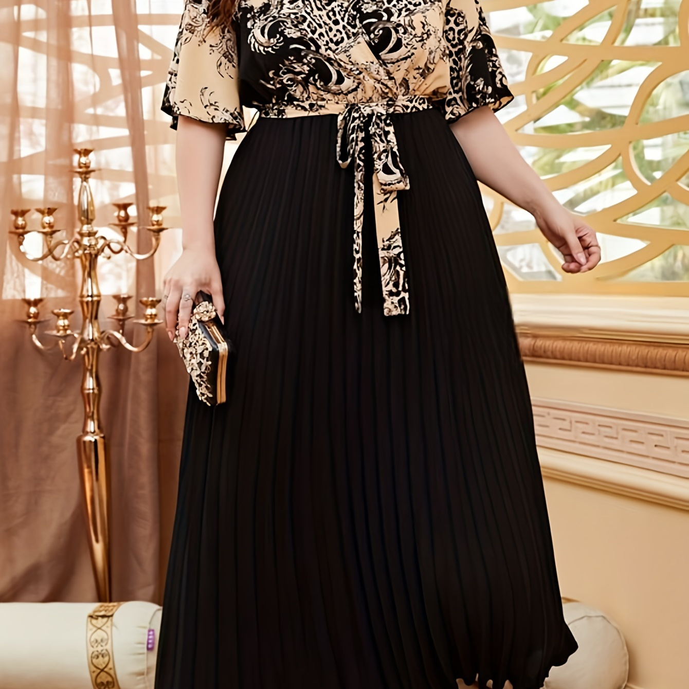 

Plus Size Floral Print Pleated Dress, Elegant Belted Short Sleeve Surplice Neck Maxi Dress, Women's Plus Size Clothing