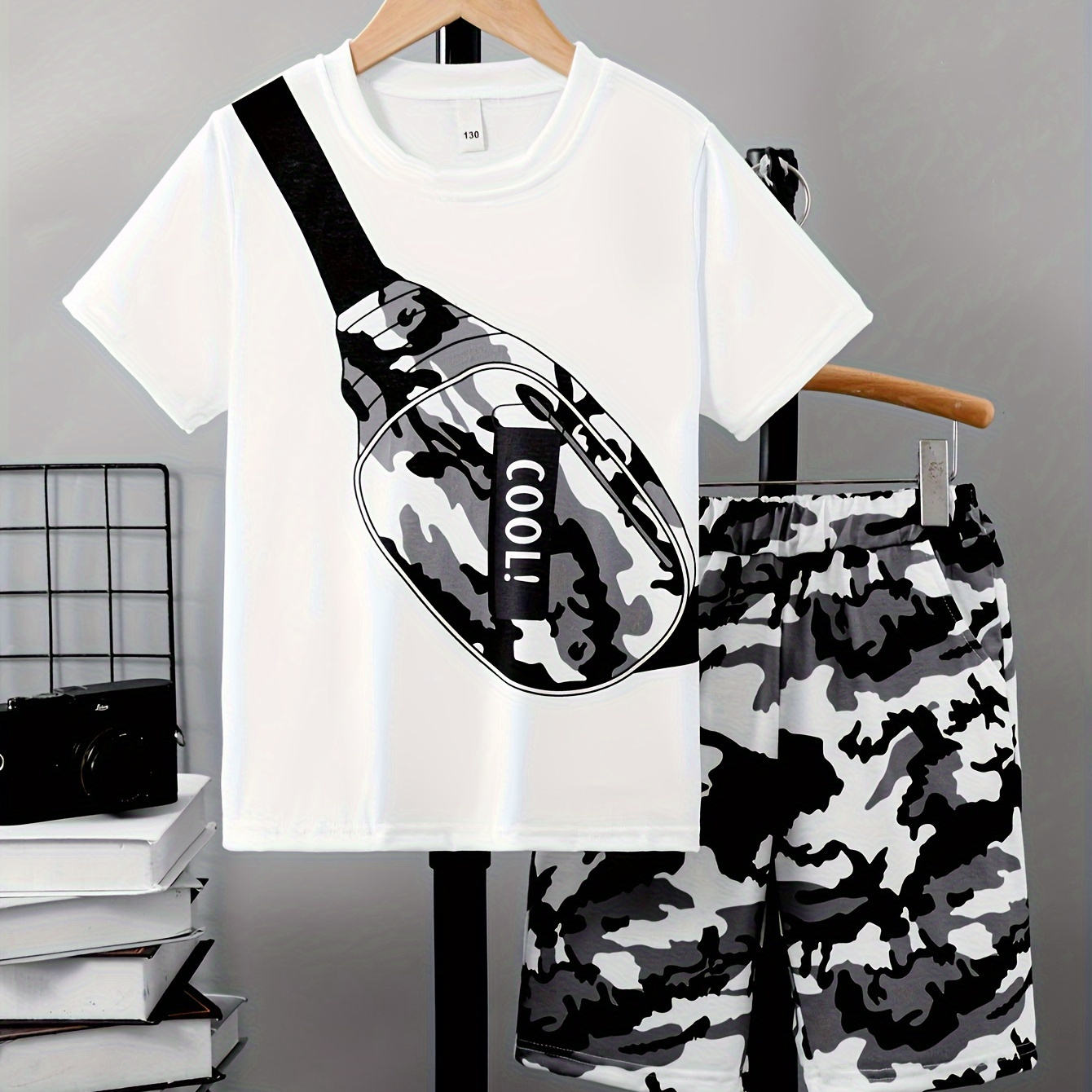 

2pcs Boys Casual Camo Bag Pattern Graphic Print Short Sleeve T-shirt & Camouflage Shorts Set, Comfy Summer Boys Clothes