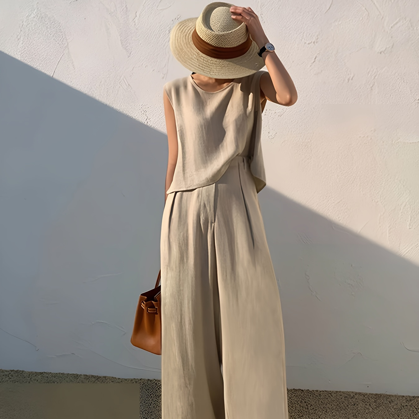 

Spring/summer Sleeveless Top, Casual Straight Leg Wide Leg Pants, Solid Color