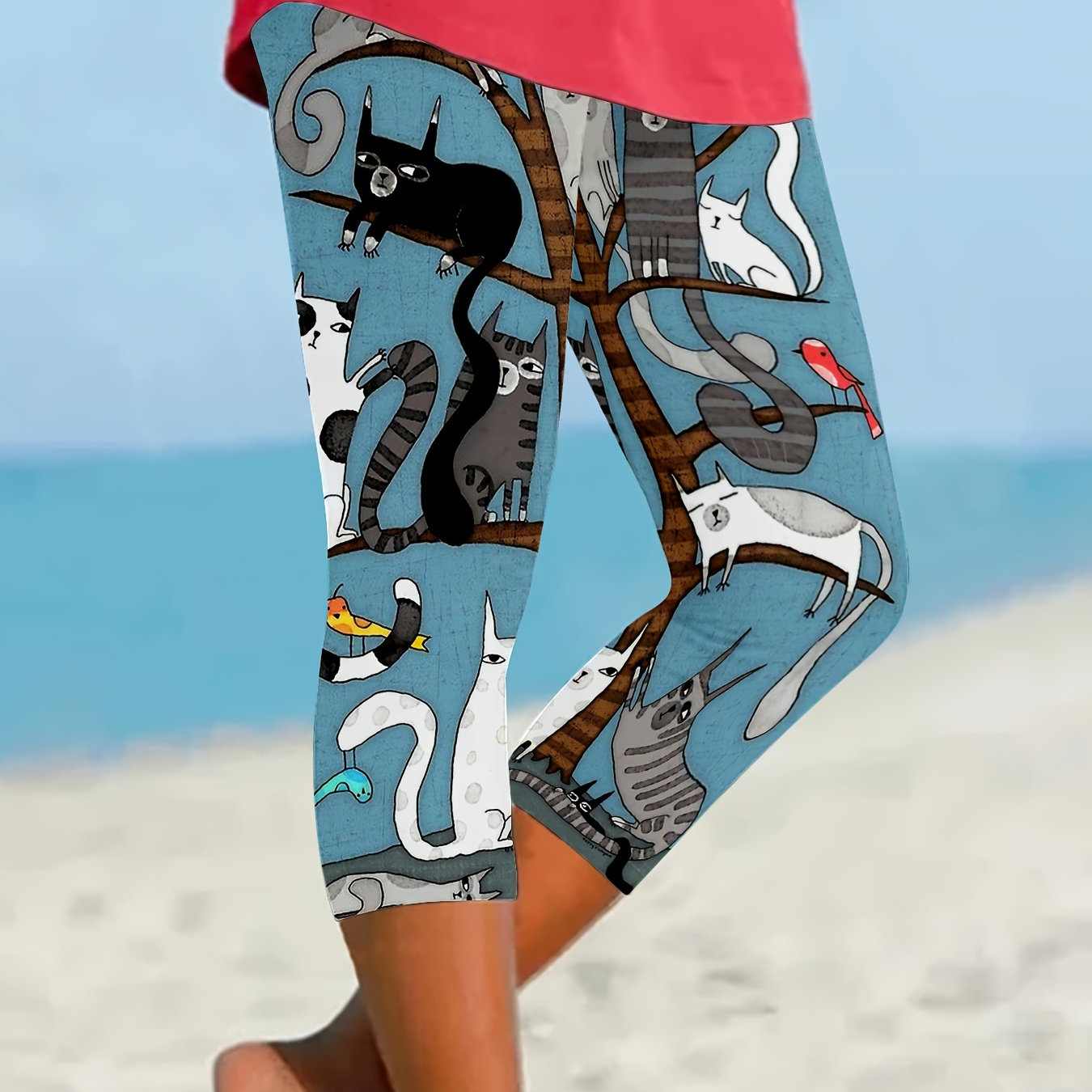 

Cartoon Cat Print Skinny Leggings, Casual Elastic Waist Stretchy Leggings, Women's Clothing