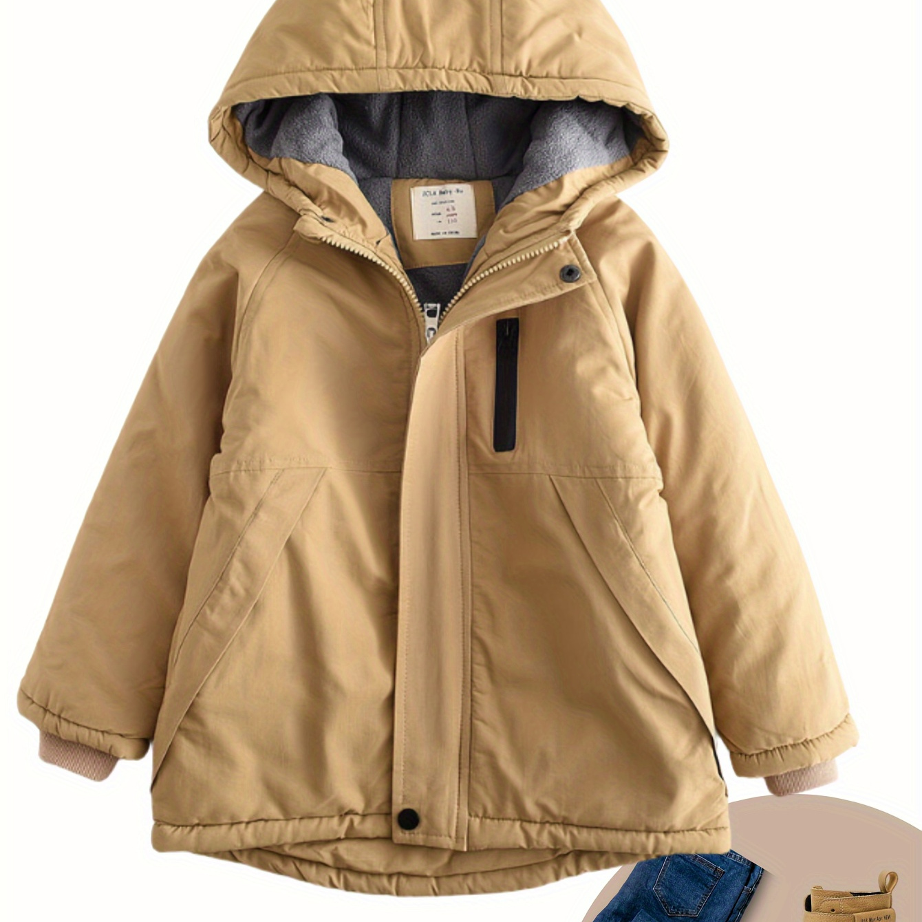 

Cozy Boys' Fleece-lined Hooded Parka Jacket - Ultra Windproof, Soft, And Coat With Drop Shoulder Sleeves For Casual Outdoor Activities, Skiing, And Snowboarding