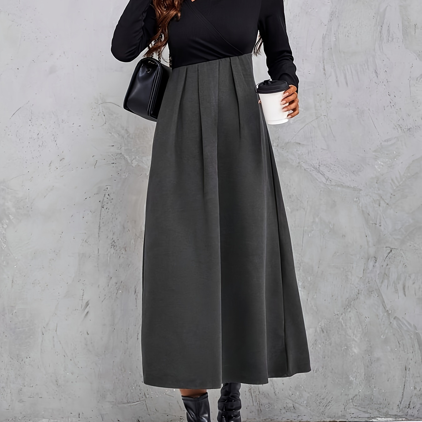 

2 Tone Asymmetrical Neck Fold Pleated Hem Dress