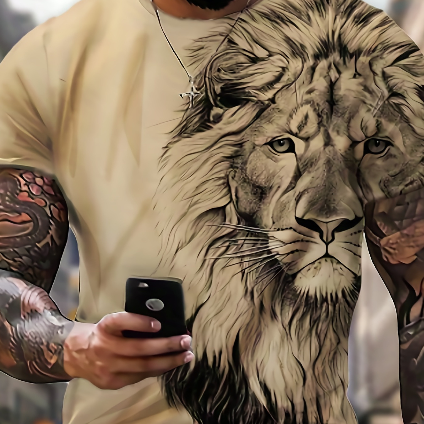 

Plus Size Men's Street Style Graphic Short-sleeve Crew Neck T-shirt, Creative Cool Lion 3d Print Tees For Summer Sports
