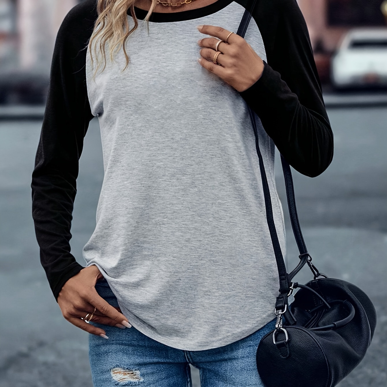 

Color Block Crew Neck T-shirt, Casual Long Raglan Sleeve Top For Spring & Fall, Women's Clothing