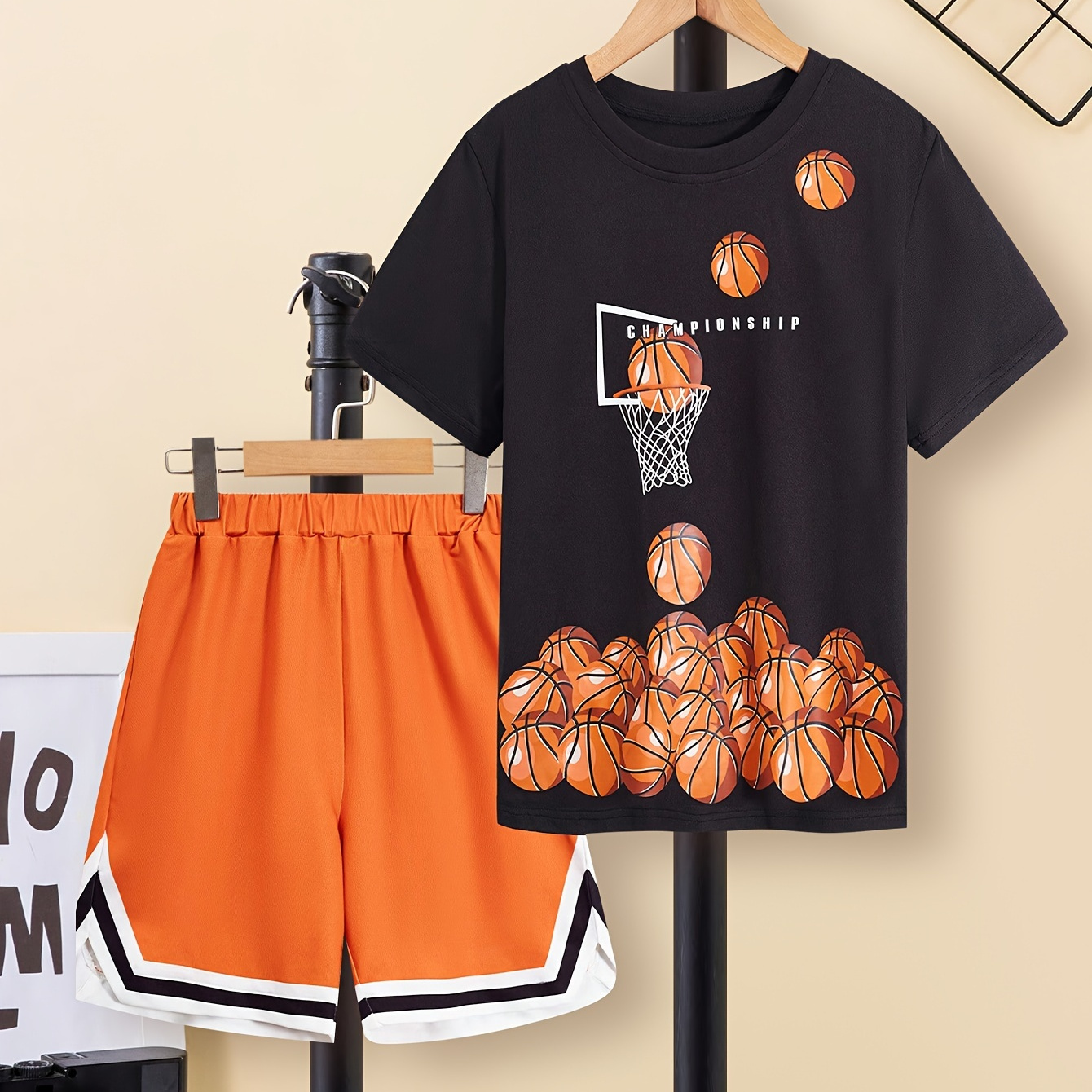 

Boy's "championship" Basketball Pattern 2pcs Casual Outfit, T-shirt & Sporty Style Shorts Set, Boy's Clothes For Summer