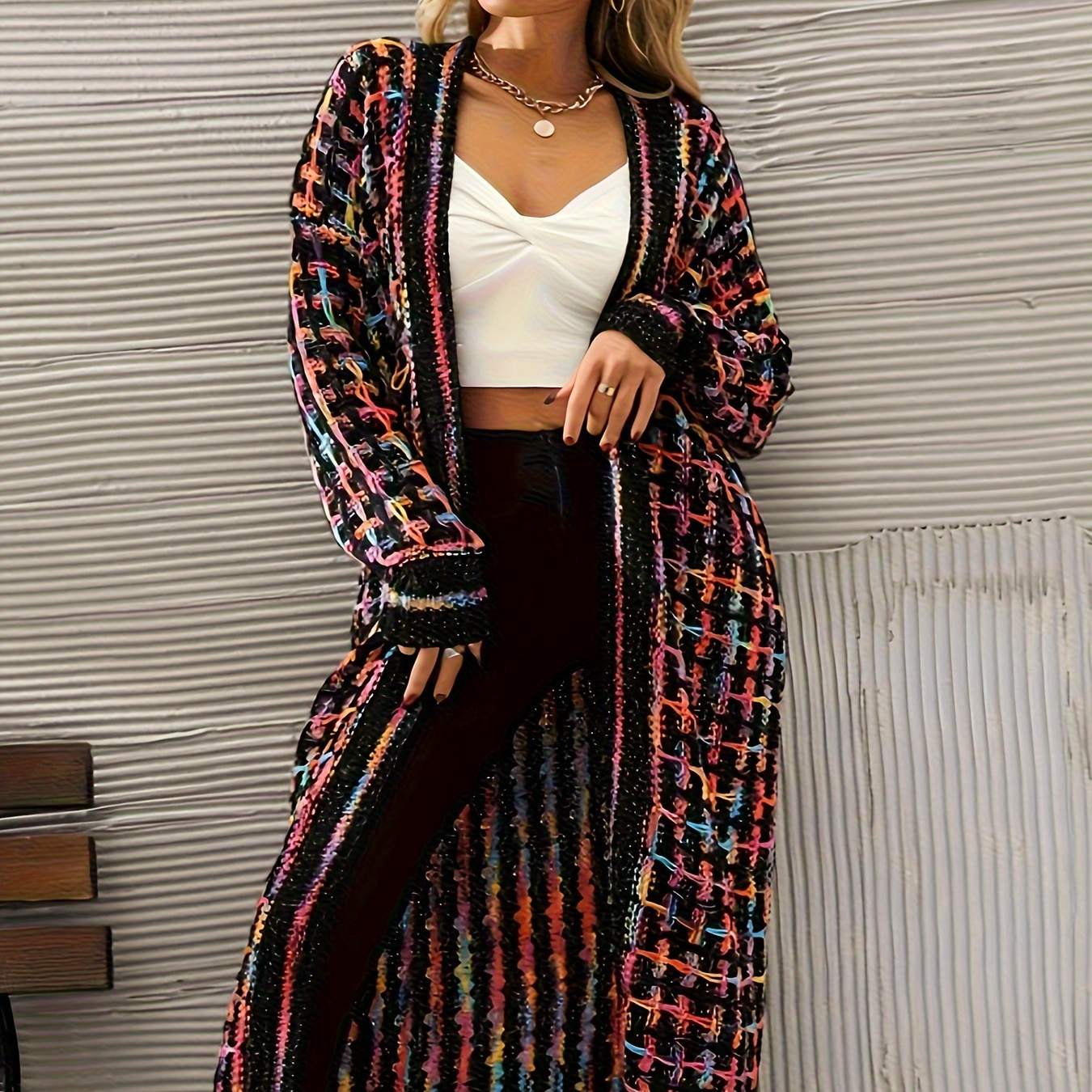 

Plus Size Tassel Hem Knitted Cardigan, Casual Long Sleeve Open Front Cardigan, Women's Plus Size Clothing